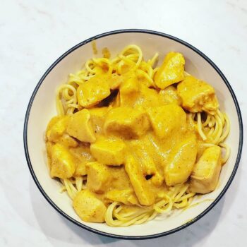 REGs Famous Mustard Chicken over Spaghetti